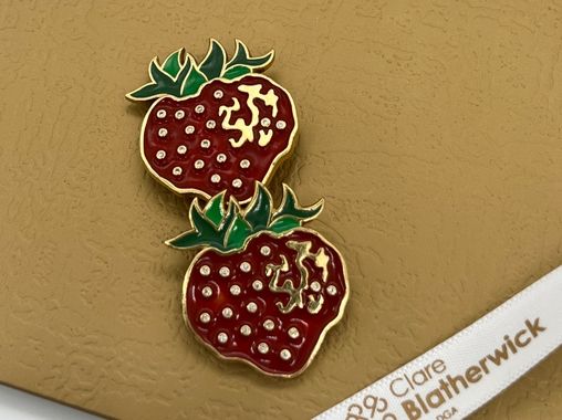 SOLD - Pre-owned 18ct gold, enamel and diamond Scottish strawberry brooches